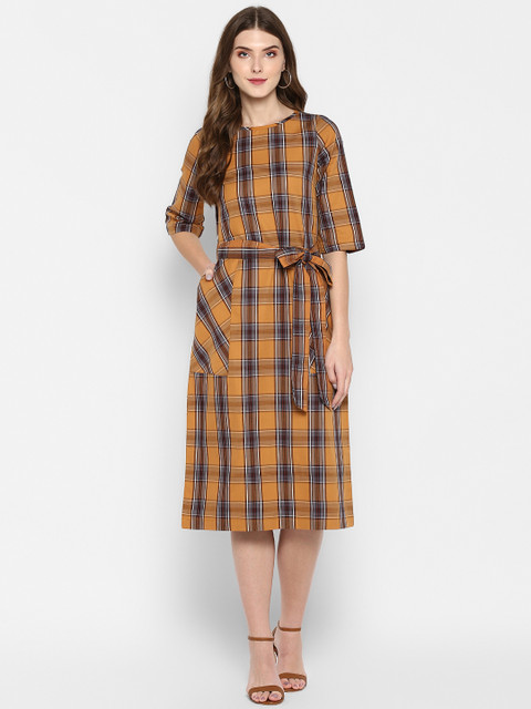 

MIAMINX Women Brown Checked Fit and Flare Dress