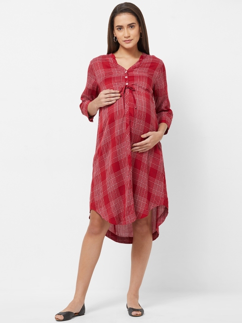 

Mystere Paris Women Maternity Red Checked Shirt Dress