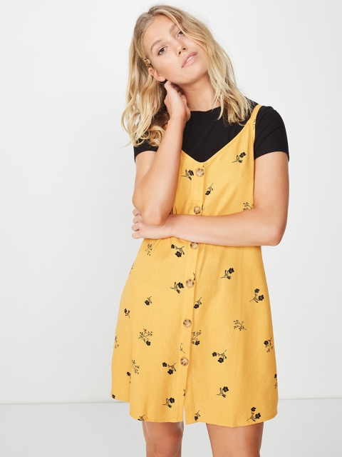 

COTTON ON Women Yellow & Black Floral Printed Pinafore Dress