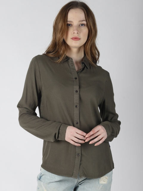 

Blue Saint Women Olive Green Slim Fit Solid Casual Shirt