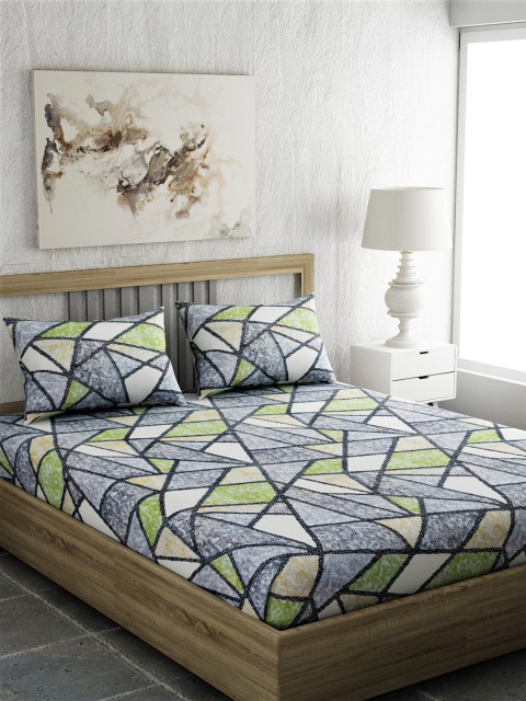 

EverHOME Green & Grey Geometric 210 TC Cotton 1 Queen Bedsheet with 2 Pillow Covers