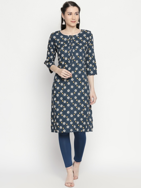 

RANGMANCH BY PANTALOONS Women Turquoise Blue Printed Straight Kurta