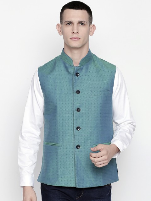 

Blacksmith Men Sea Green Solid Nehru Jackets