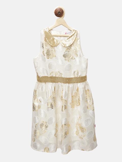 

First Kick Girls Gold-Coloured Self Design Fit and Flare Dress