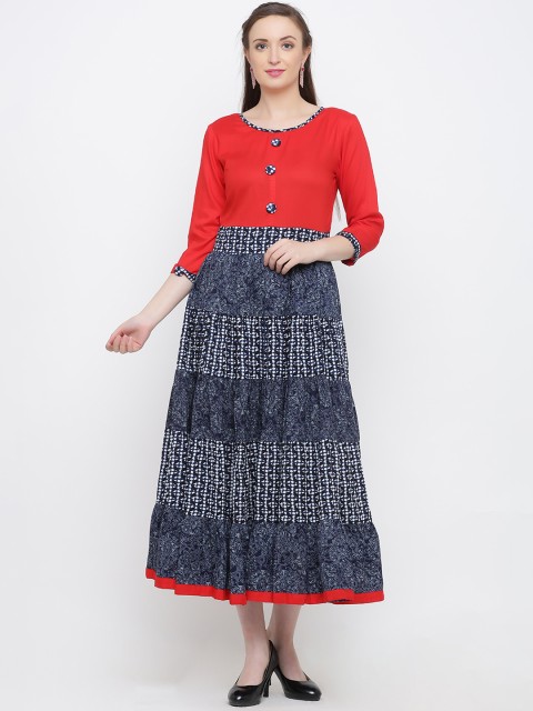 

Indian Virasat Women Red & Blue Colourblocked Fit and Flare Dress