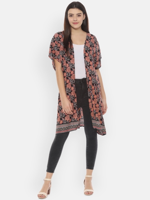 

People Women Black & Pink Printed Open Front Shrug