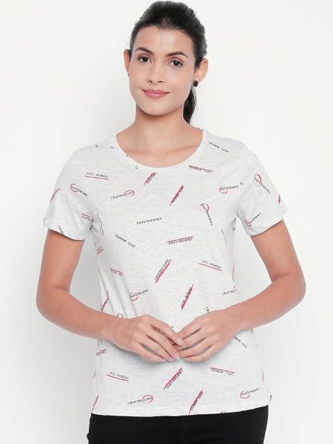 

Honey by Pantaloons Women Grey Melange Printed Round Neck Pure Cotton T-shirt