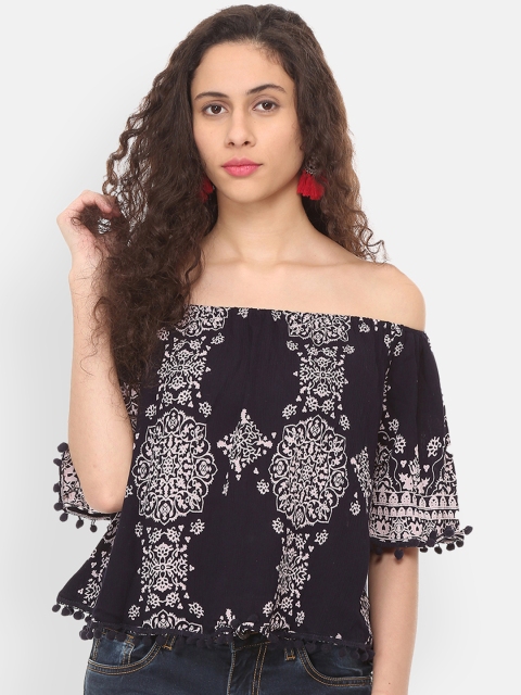 

People Women Navy Blue Printed Bardot Top