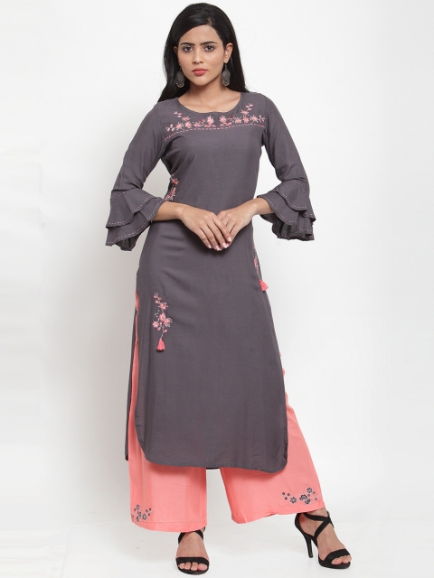 

Kiaasa Women Grey & Peach-Coloured Embroidered Kurta with Trousers