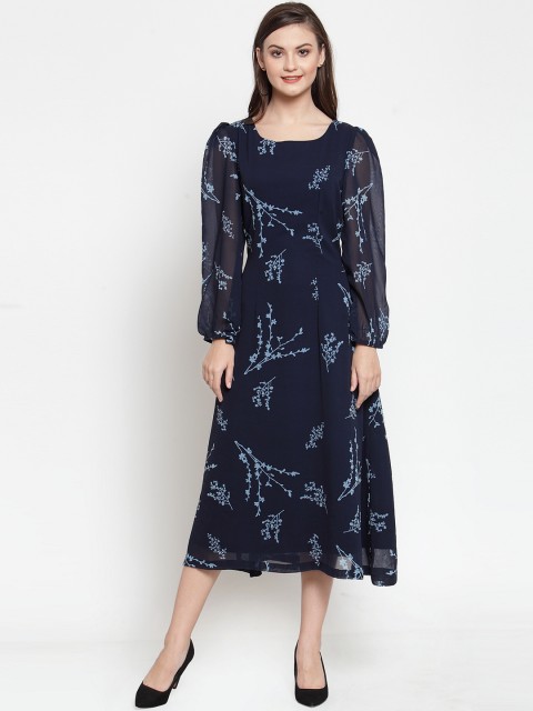 

Just Wow Women Navy Blue Floral Printed Fit and Flare Dress