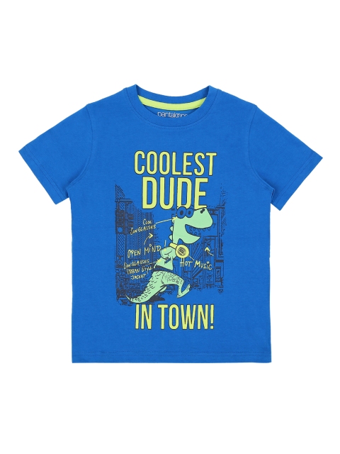 

Pantaloons Junior Boys Blue Green Printed Round Neck Pure Cotton T-shirt