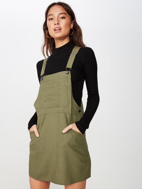 

COTTON ON Women Olive Green & Black Denim Pinafore Dress