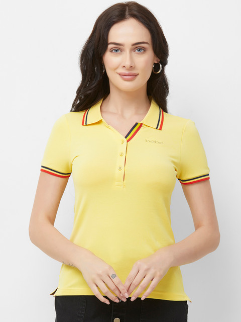

bebe Women Yellow Solid Polo Collar T-shirt