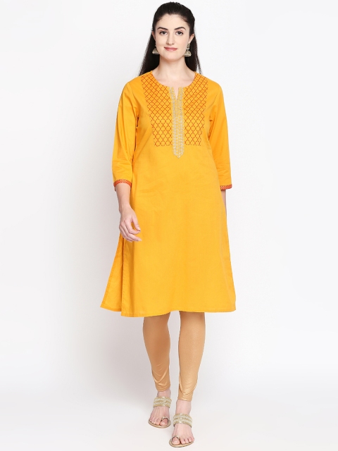 

RANGMANCH BY PANTALOONS Women Yellow Yoke Design A-Line Kurta