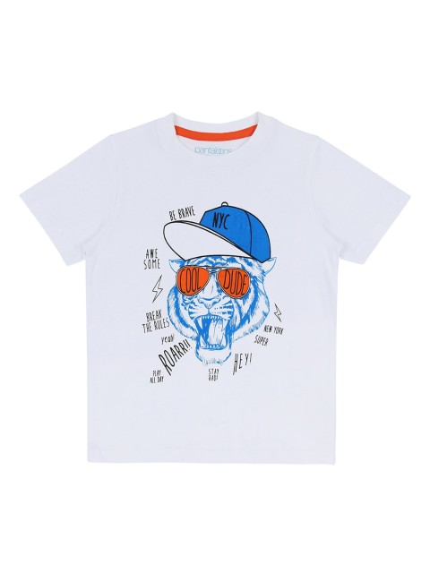 

Pantaloons Junior Boys White Blue Printed Round Neck Pure Cotton T-shirt