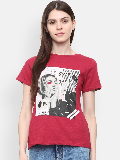 

People Women Maroon & Black Printed Round Neck T-shirt