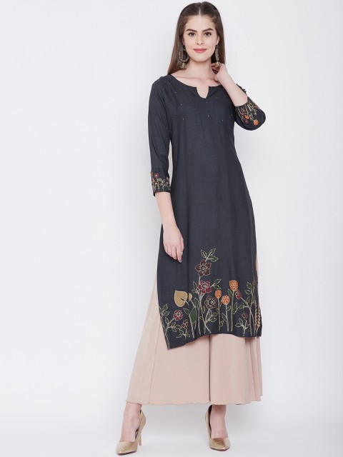 

Prakhya Women Navy Blue & Grey Printed Straight Kurta