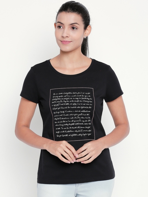 

Honey by Pantaloons Women Black Printed Round Neck Pure Cotton T-shirt
