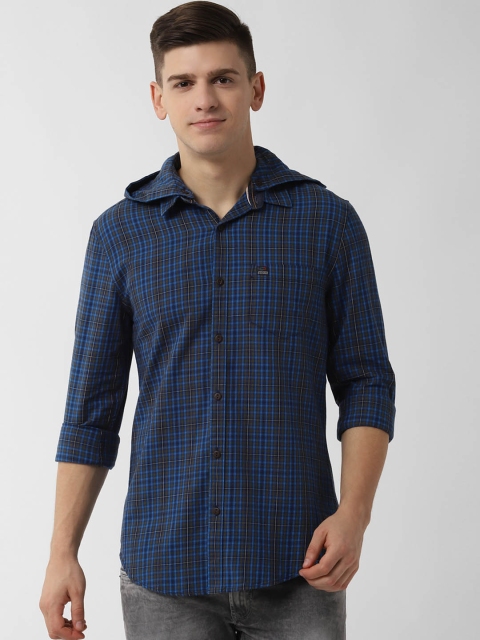 Peter England Casuals Men Blue Slim Fit Checked Hooded Casual Shirt