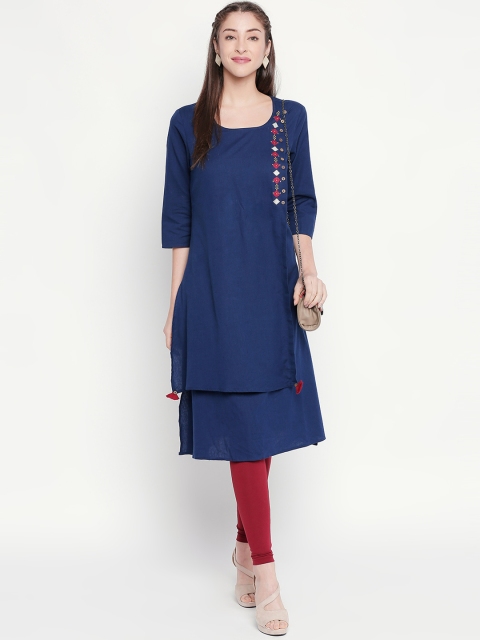 

RANGMANCH BY PANTALOONS Women Navy Blue Embroidered A-Line Kurta