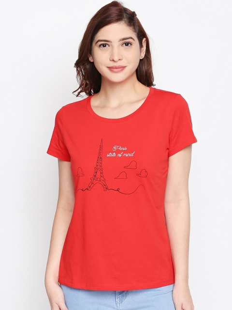

Honey by Pantaloons Women Red Printed Round Neck Pure Cotton T-shirt