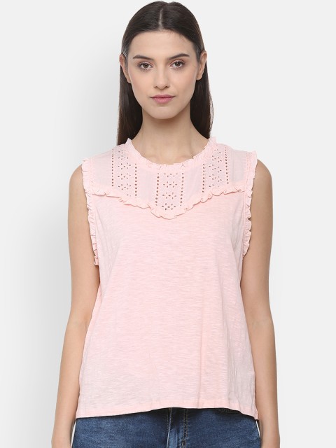 

People Women Pink Self Design A-Line Pure Cotton Top