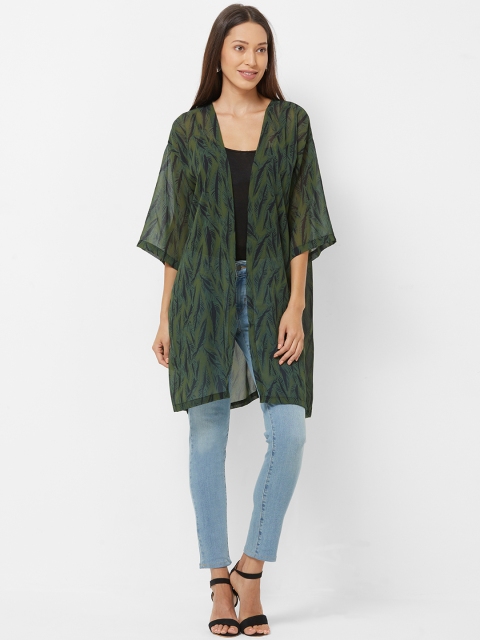 

The Beach Company Women Olive Green & Black Printed Open Front Shrug