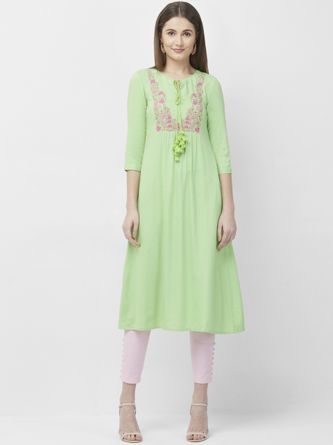 

Naari Women Green Embroidered A-Line Kurta