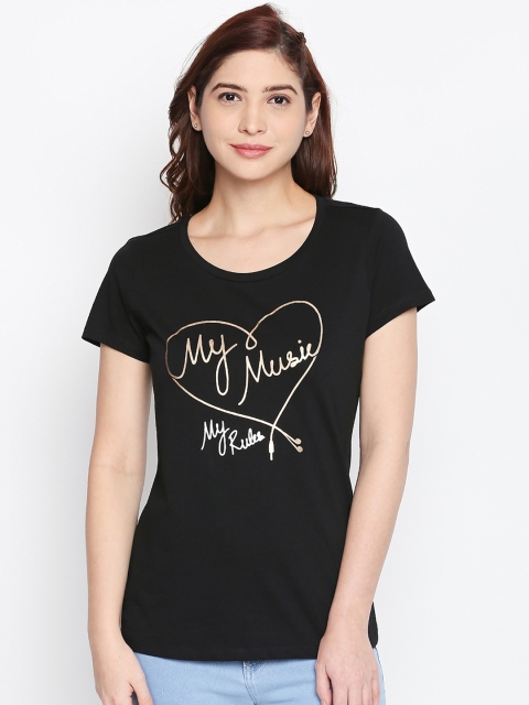 

Honey by Pantaloons Women Black Printed Round Neck Pure Cotton T-shirt