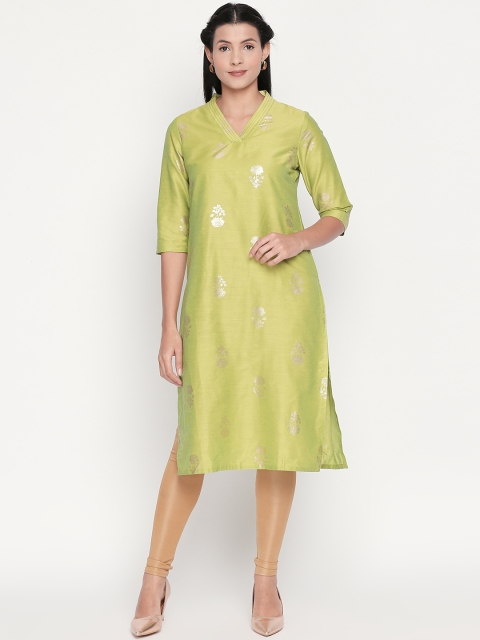 

RANGMANCH BY PANTALOONS Women Lime Green & Beige Printed Straight Kurta