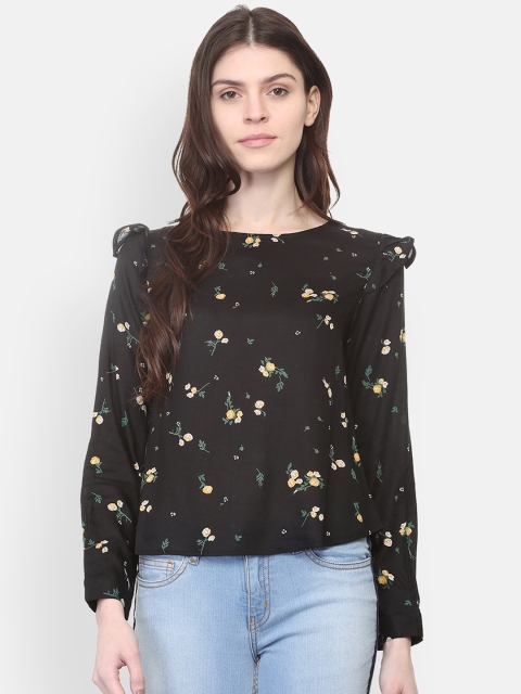 

People Women Black Printed Top with Ruffle Detail