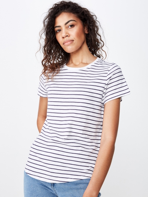 

COTTON ON Women White & Navy Blue Striped Round Neck T-shirt