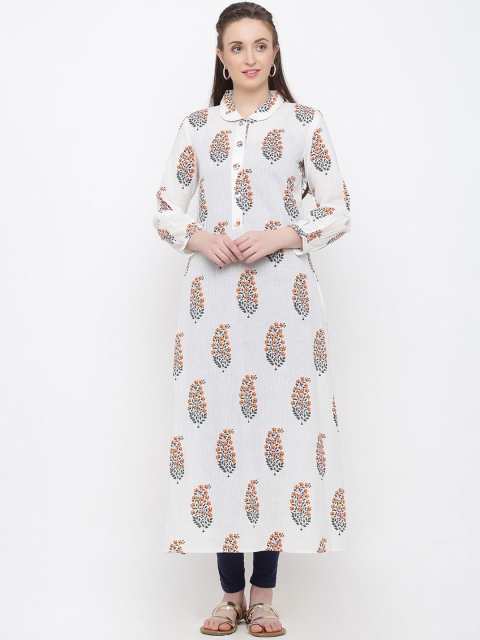

Indian Virasat Women White & Orange Floral Printed A-Line Kurta