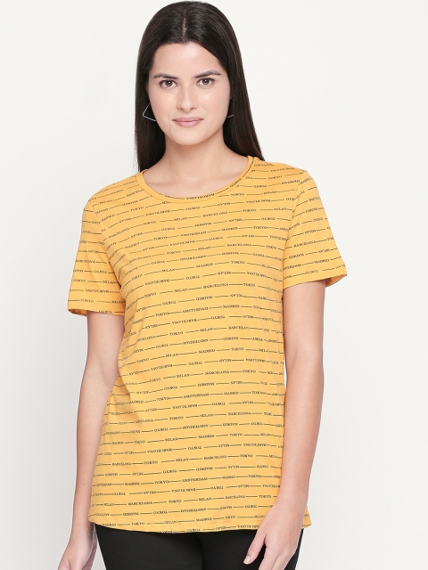 

Honey by Pantaloons Women Mustard Yellow Printed Round Neck Pure Cotton T-shirt