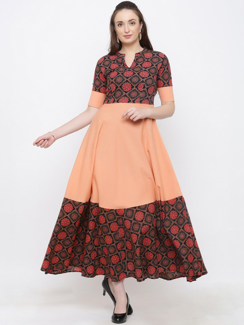 

Indian Virasat Women Printed Peach-Coloured Fit and Flare Dress