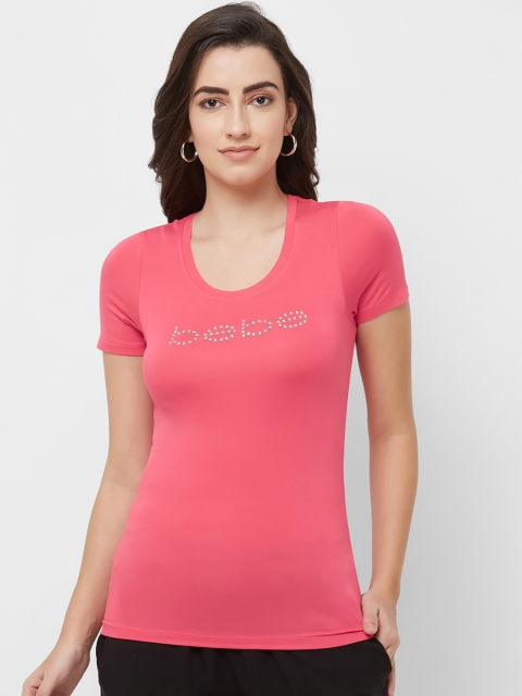 

bebe Women Pink Embellished Scoop Neck T-shirt