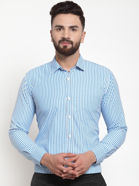 

JAINISH Men Turquoise Blue Classic Slim Fit Striped Formal Shirt
