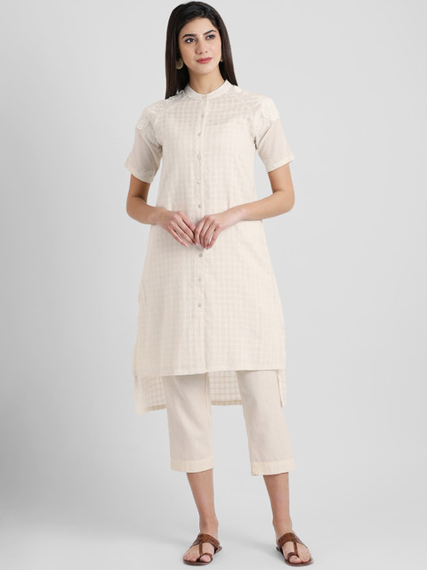 

Aayna Women Off-White Self Design High Low Kurta with Trousers