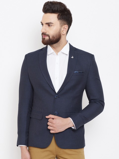 

Canary London Men Navy Blue Self Design Slim-Fit Blazers