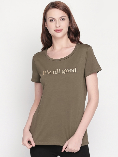 

Honey by Pantaloons Women Olive Green Printed Scoop Neck Pure Cotton T-shirt