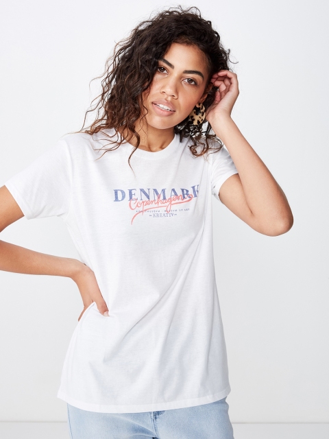 

ON Women White Printed Round Neck Pure Cotton T-shirt