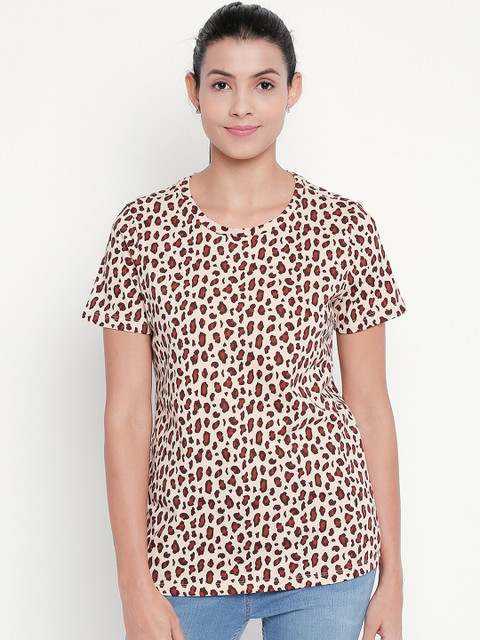 

Honey by Pantaloons Women Beige Printed Round Neck Pure Cotton T-shirt