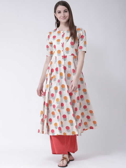

Aayna Women White & Peach-Coloured Printed Kurta with Trousers