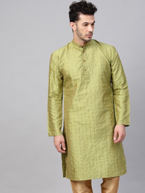 

SOJANYA Men Green & Yellow Checked Straight Kurta