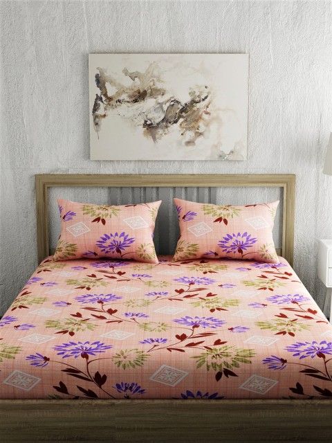 

EverHOME Peach-Coloured & Purple Floral 144 TC Cotton 1 Queen Bedsheet with 2 Pillow Covers