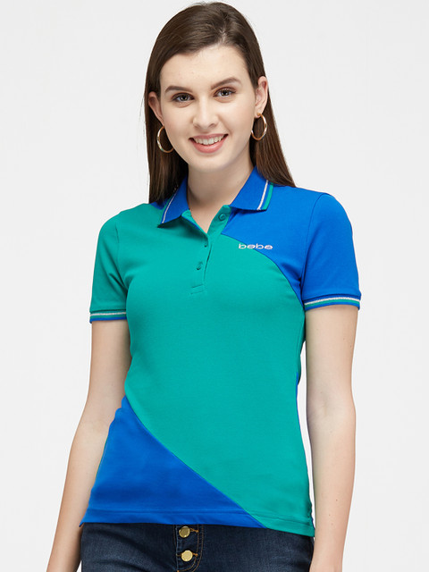 

bebe Women Green & Blue Colourblocked Polo Collar T-shirt