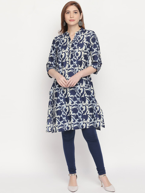 

RANGMANCH BY PANTALOONS Women Navy Blue & White Floral Print Straight Kurta