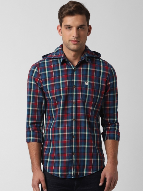 

Peter England Casuals Men Red & Blue Slim Fit Checked Hooded Casual Shirt