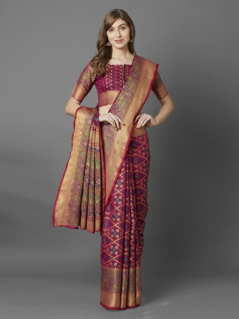 

Mitera Magenta & Cream-Coloured Silk Blend Woven Design Banarasi Saree