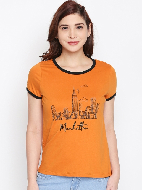 

Honey by Pantaloons Women Orange Printed Round Neck Pure Cotton T-shirt